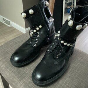 Zara Black Leather Pearl Studded Straps Lace Up Combat Goth Y2K Military Boots 9